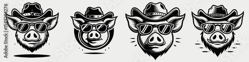 Pig. Cowboy Western American Cartoon Animal Clipart Line Art Vector Illustration. Farm animal hog swine livestock for meat production and rural agriculture.