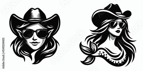 Mermaid. Cowboy Western American Cartoon Animal Clipart Line Art Vector Illustration. Ocean humanoid character a mythical aquatic creature underwater folklore being.