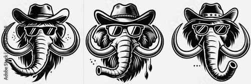 Mammoth. Cowboy Western American Cartoon Animal Clipart Line Art Vector Illustration. Huge extinct elephant relative a journey into ancient wildlife and nature.