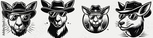 Kangaroo. Cowboy Western American Cartoon Animal Clipart Line Art Vector Illustration. Marsupial creature outback jumper australian wildlife icon long tail hopper.