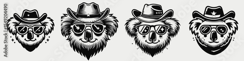 Koala. Cowboy Western American Cartoon Animal Clipart Line Art Vector Illustration. Cuddly australian arboreal marsupial a fuzzy wildlife creature from down under.