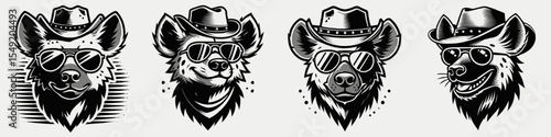 Hyena. Cowboy Western American Cartoon Animal Clipart Line Art Vector Illustration. African predator carrion eater wild canine family member for wildlife program.