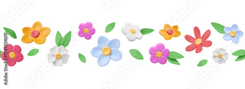 Border with 3d summer flowers and leaves. Seamless pattern with plants and bloom garden elements. Background with meadow, colorful nature clay objects, abstract frame design. Vector illustration