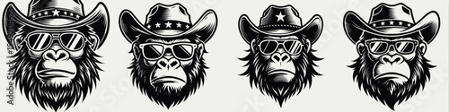Gorilla. Cowboy Western American Cartoon Animal Clipart Line Art Vector Illustration. Great ape kind huge primate creature wild mammal biology zoology theme.