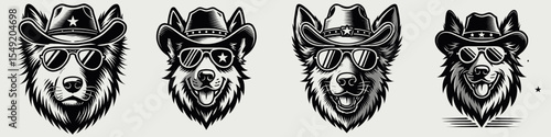 German Shepherd Dog. Cowboy Western American Cartoon Animal Clipart Line Art Vector Illustration. Canine companion a big herding type with loyal temperament and vigilant nature.