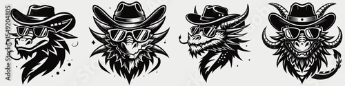 Dragon. Cowboy Western American Cartoon Animal Clipart Line Art Vector Illustration. Winged reptile folklore legend mythical creature large beast tale.