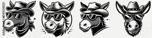Donkey. Cowboy Western American Cartoon Animal Clipart Line Art Vector Illustration. Domestic aid farm beast rural equine help working jack burro.