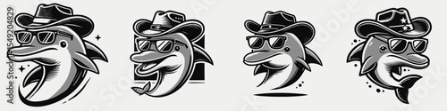 Dolphin. Cowboy Western American Cartoon Animal Clipart Line Art Vector Illustration. Marine mammal a playful ocean creature intelligent aquatic life form.