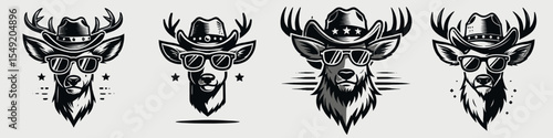 Deer. Cowboy Western American Cartoon Animal Clipart Line Art Vector Illustration. Forest creature a woodland Cervidae viewing this wildlife in its habitat.