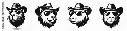 capybara. Cowboy Western American Cartoon Animal Clipart Line Art Vector Illustration. Largest rodent a giant cavy common creature from South America nature.