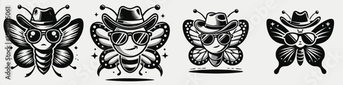 butterfly. Cowboy Western American Cartoon Animal Clipart Line Art Vector Illustration. Pretty insect winged bug with vivid color amazing decoration concept.