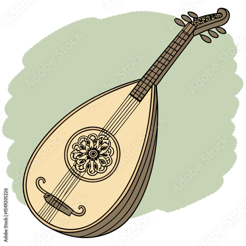 Illustration of an Elegant Mandolin Instrument with Decorative Sound Hole and Distinctive Shape, Adding a Touch of Artistic Flair