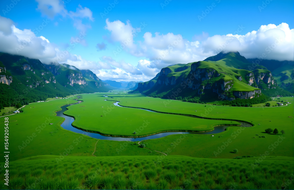 Fototapeta premium Natural Scenery of Grassland and River