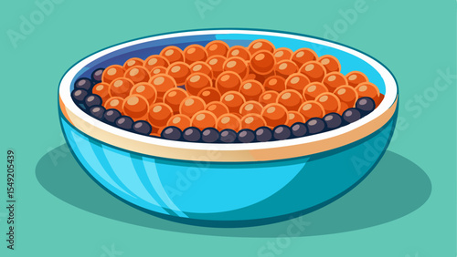 Illustration of a blue bowl filled with red and black caviar on a teal background in a clean flat design style