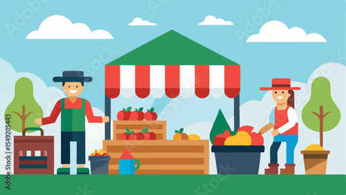 Flat design illustration of farmers at a market stand with baskets of fresh fruits and vegetables under a red and green striped canopy