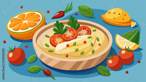 Illustration of homemade hummus topped with cherry tomatoes, herbs, and spices, surrounded by citrus slices and vegetables on a blue background