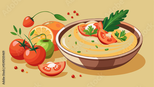 Illustration of homemade hummus topped with grilled shrimp, cherry tomatoes, herbs, and surrounded by fresh vegetables and citrus on a beige background