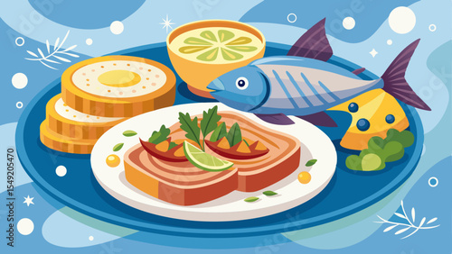 Illustration of forshmak with herring, toasts, herbs, lemon, cheese, and soup on a decorative blue plate with a marine-themed background