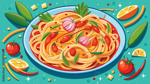 Spicy pasta illustration with garlic, chili peppers, tomato sauce, and herbs on a vibrant turquoise background with scattered citrus and vegetables
