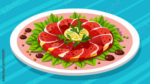 Illustration of red tuna carpaccio with lemon, greens, olives, and truffle anchovy sauce on a decorative pink plate