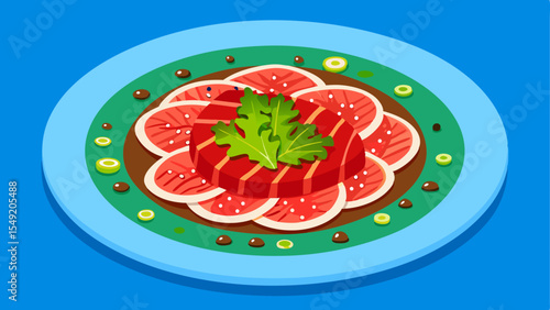 Illustration of red tuna carpaccio with leafy greens, truffle anchovy sauce, and garnishes on a blue plate with a vibrant background
