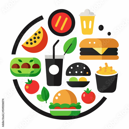 Various colorful food items arranged in a circular pattern