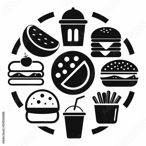 Various fast food items arranged in a circular pattern
