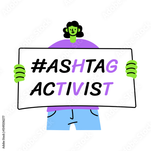 A flat style illustration showing a person holding an activist banner 
