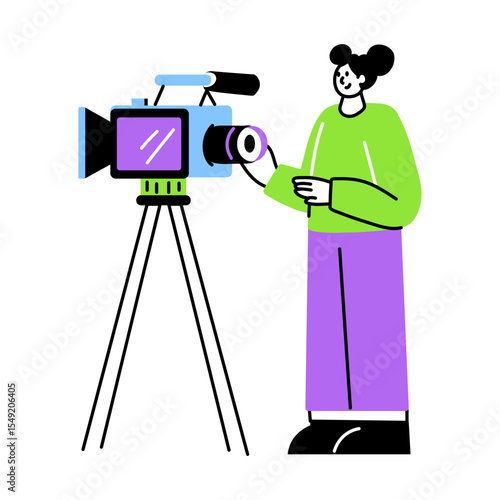 A flat style illustration showing filmmaker recording video 
