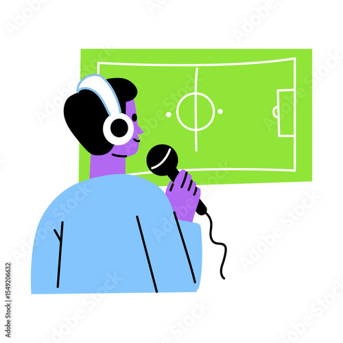 A flat style illustration of a match commentator 
