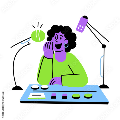 A flat style illustration showing a radio host 
