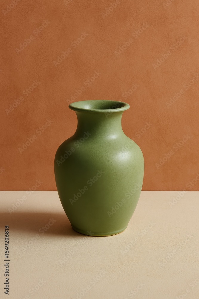 A stylish green vase displayed on a beige table, against a terracotta wall, creating a modern and minimalist aesthetic A stylish green vase displayed on a beige table, against a terracotta wall, creating a modern and minimalist aesthetic