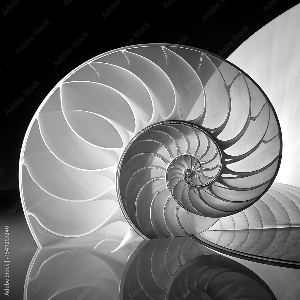 Obraz premium Monochrome Nautilus Shell Section with Reflection on a Dark Background