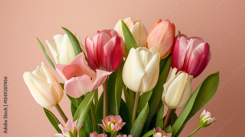 Vibrant tulips with green foliage, soft daylight, copy space. Fresh spring floral beauty in natural harmony.
Vibrant tulips with green foliage, soft daylight, copy space. Fresh spring floral beauty in natural harmony.