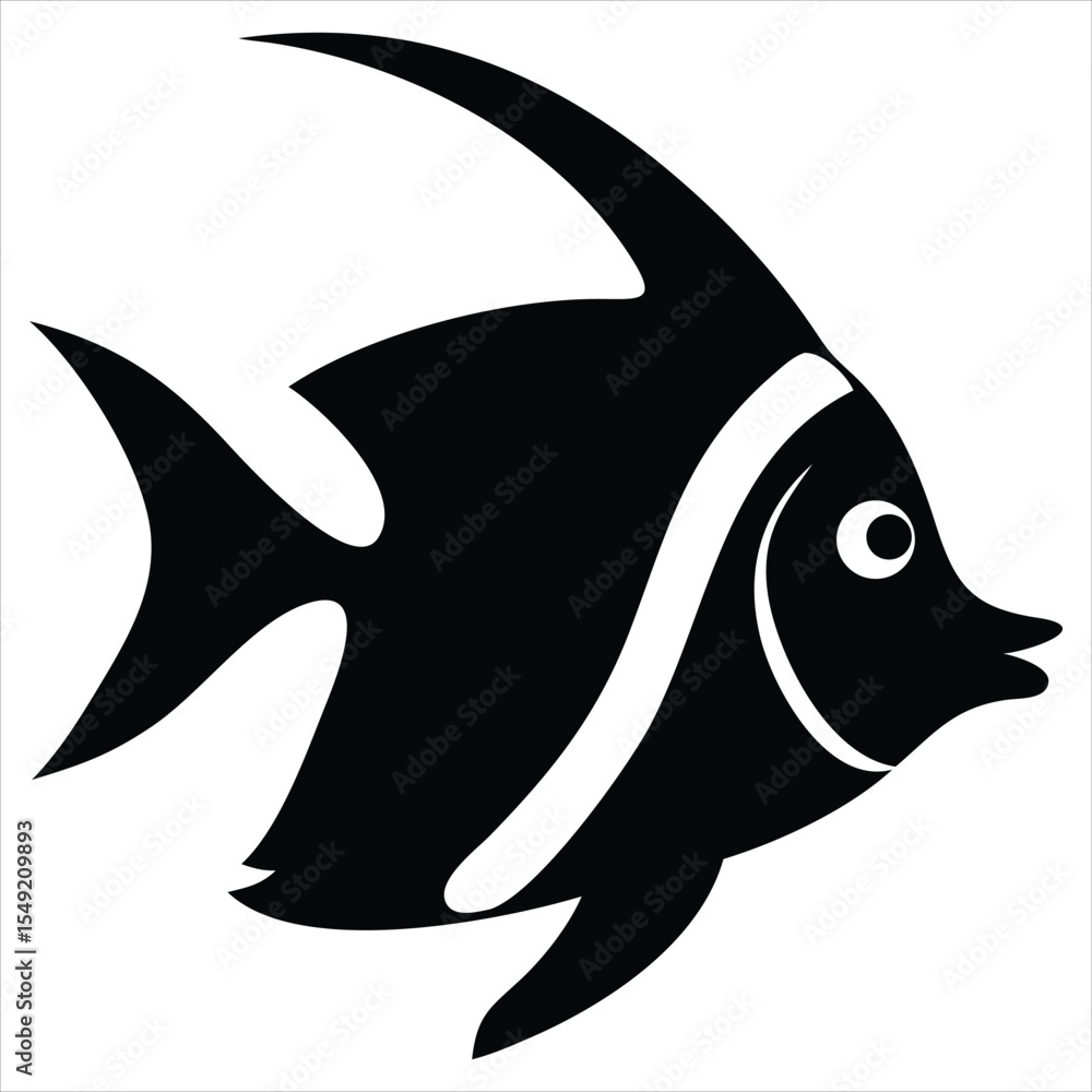 Naklejka premium Stylized Moorish idol fish silhouette isolated on a white background. Ideal for use in marine biology projects, aquarium branding, ocean-themed educational materials, and tropical travel brochures.