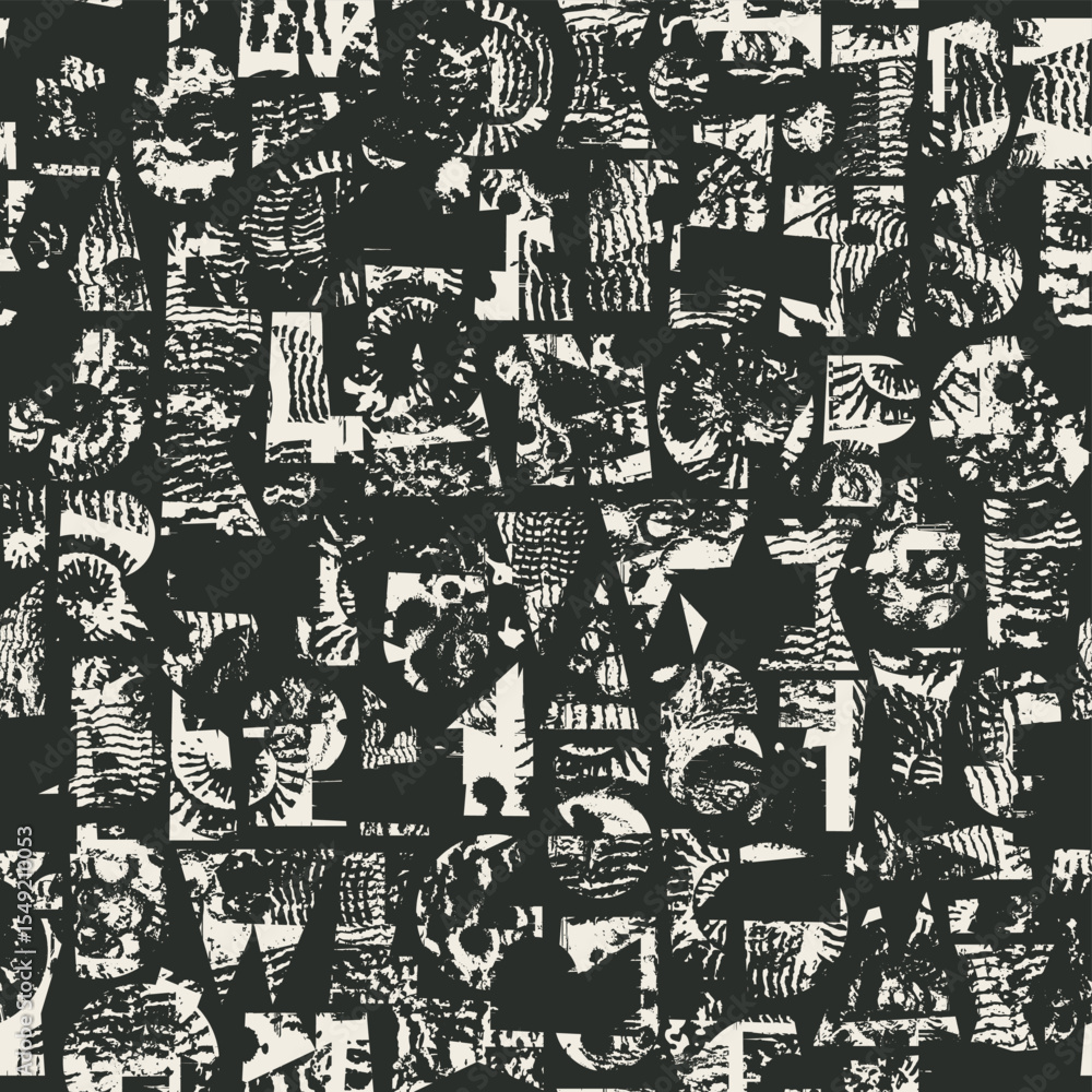 Fototapeta premium Abstract vector seamless pattern with font consisting of geometric shapes with texture, shells on the theme of paleontology. Fabric, textile, t-shirt design, tile, wallpaper. No AI is used.