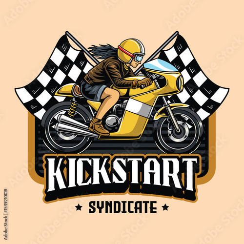 A Beautiful woman wearing open face crash helmet and sunglasses riding a yellow retro cafe racer motorcycle from a side view cartoon illustration