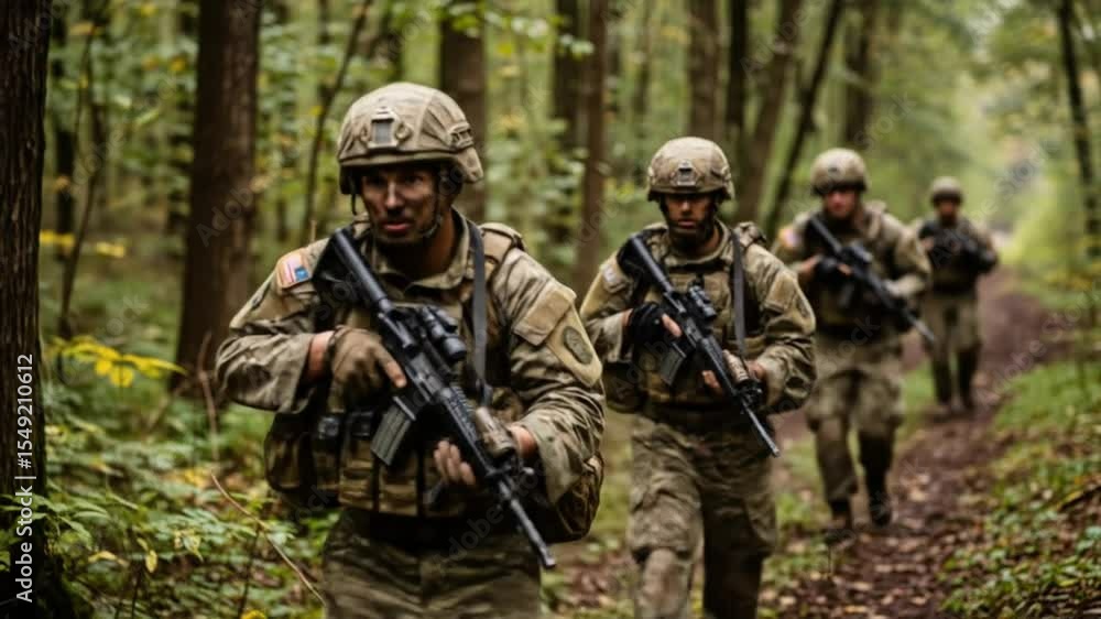 Soldiers Walking Through Forest Armed with Rifles in Camouflage Soldiers Walking Through Forest Armed with Rifles in Camouflage