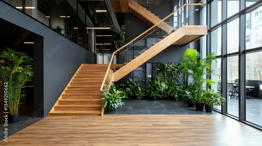 Obraz premium An elegant office space showcasing modern wooden stairs, ample greenery, and a sleek design, creating an inviting and productive work environment for employees.