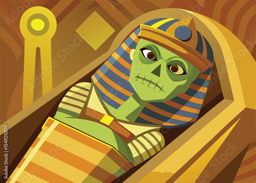 A stylized cartoon mummy, depicted as green with a skeletal face, rests inside a golden sarcophagus.