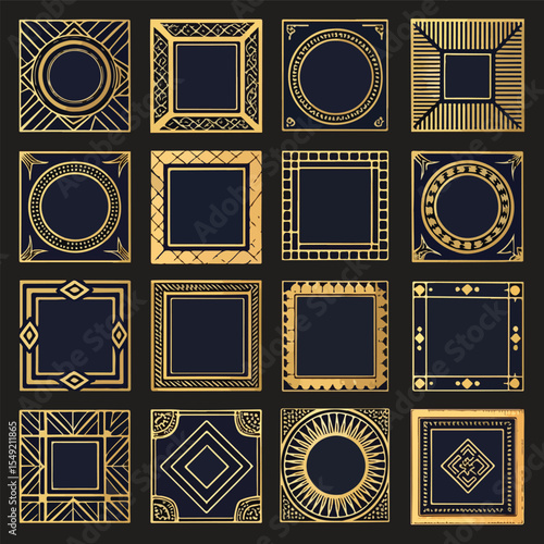 Collection of Elegant Gold Art Deco Frames Geometric and Circular Designs for Invitations, Logos, and More
