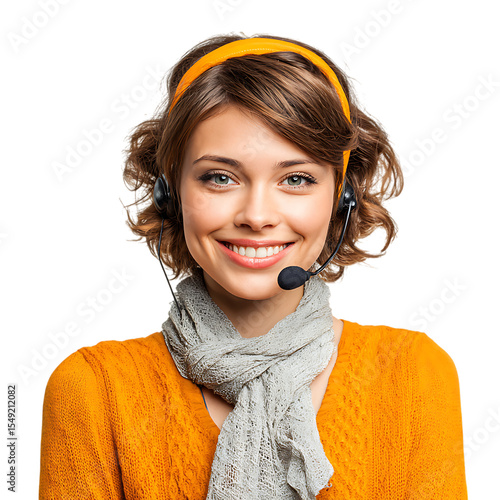 Smiling Customer Service Representative Wearing Headset and Scarf against transparent background