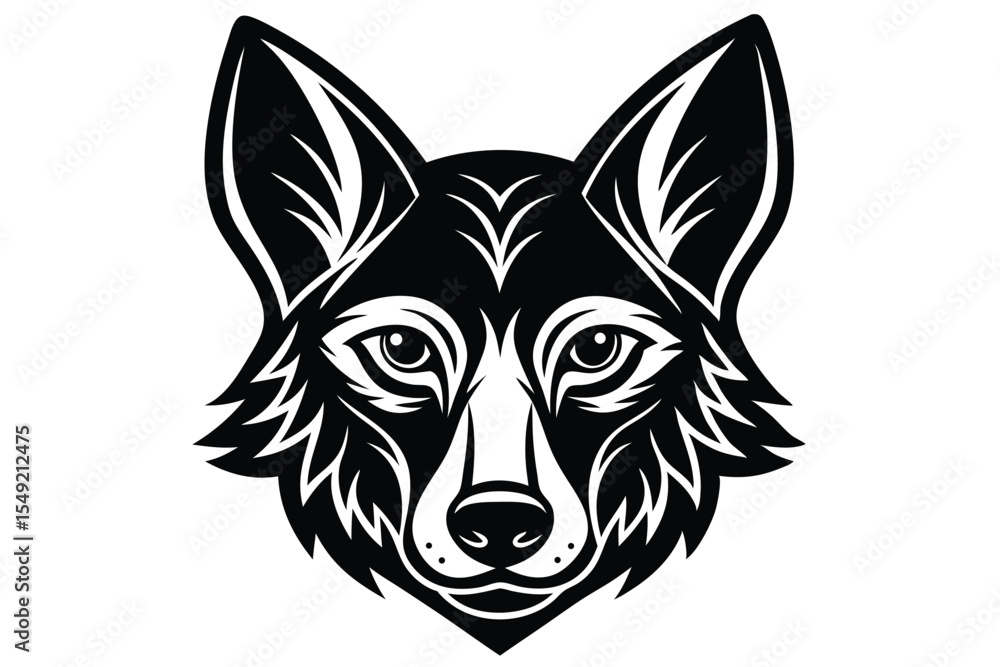 Fototapeta premium A stylized wolf head with pointed ears has symmetrical, bold, black and white features