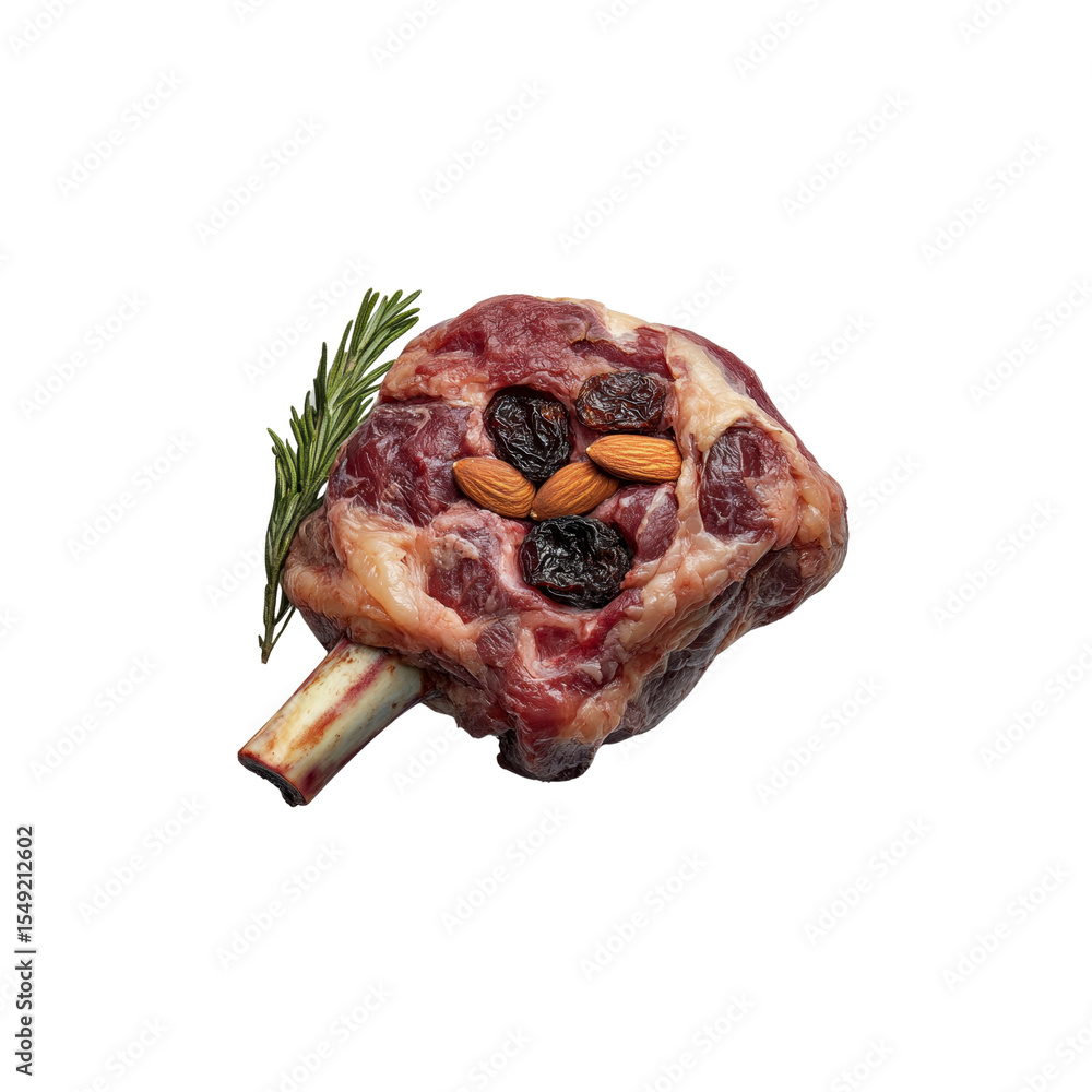Obraz premium Raw Lamb Chop with Almonds and Raisins, Rosemary Garnish