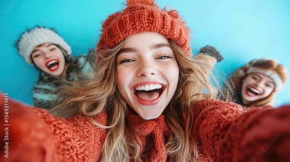 Obraz premium A vibrant group of friends in cozy winter attire captures a moment of joy and laughter while taking a selfie against a bright blue background, embodying youthful exuberance.