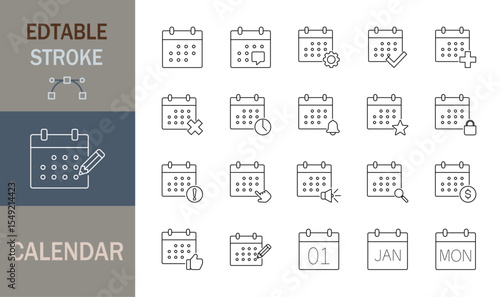 Calendar icon set. Containing date, schedule, month, week, day, appointment, agenda, organization, event, time, planning, clock and more. Editable line icons. Vector illustration.