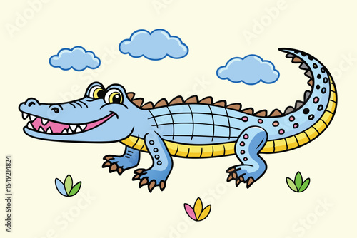 Cartoon blue alligator is smiling happily amidst three blue clouds and three leafy plants