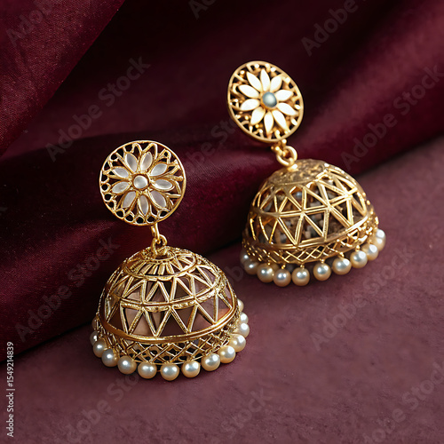 Elegant Gold Jhumka Earrings with Pearls on Maroon Fabric