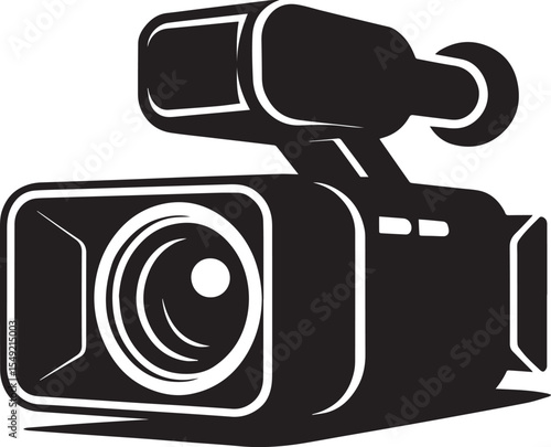 Black and white video camera icon in modern silhouette style representing professional filming equipment used for recording movies videos and documentaries