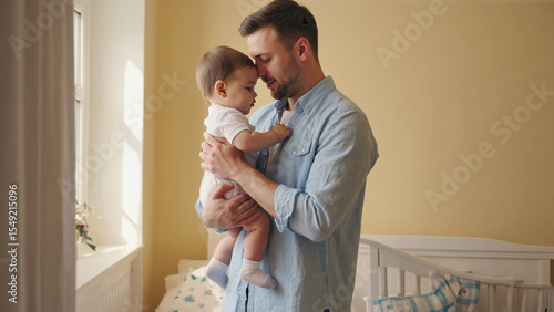 A father holds his newborn child in his arms, a tender moment of love and connection